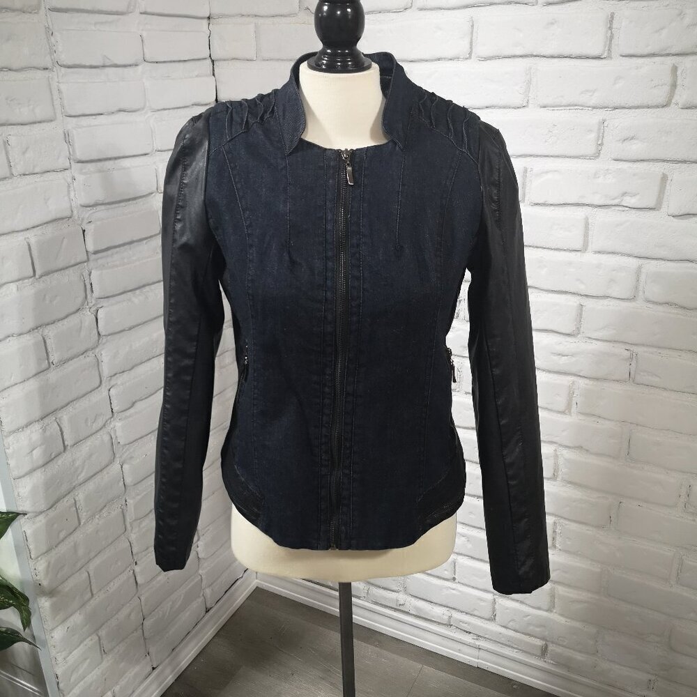 NWT Lavena Fashion Ladies Size Medium Jean Jacket w/ Faux Leather Sleeves & Trim